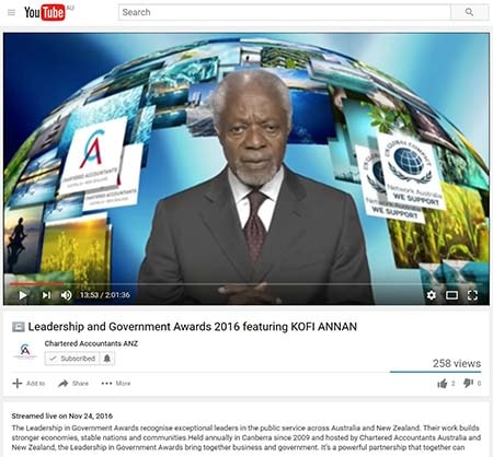 Australian Chartered Accountants live from Canberra to YouTube with Kofi Annan in Zurich