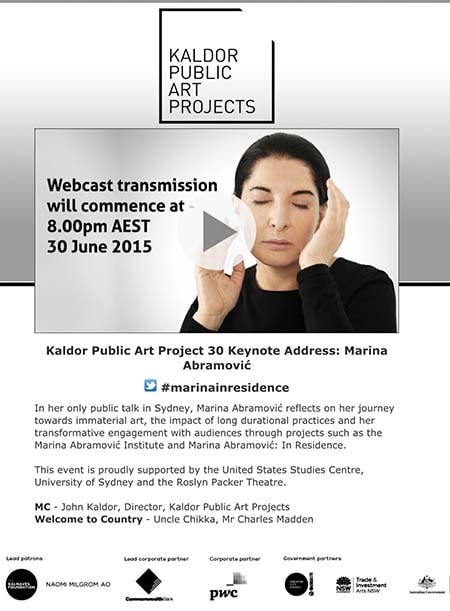 Marina Abramovic presenting for Kaldor Public Art Projects